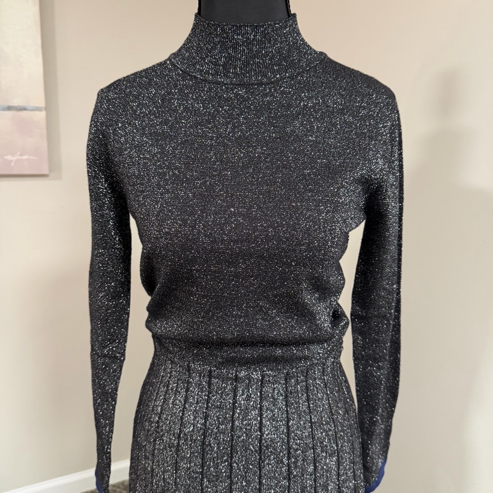 Elegant Shiny Black Pleated Midi Dress. NWT.